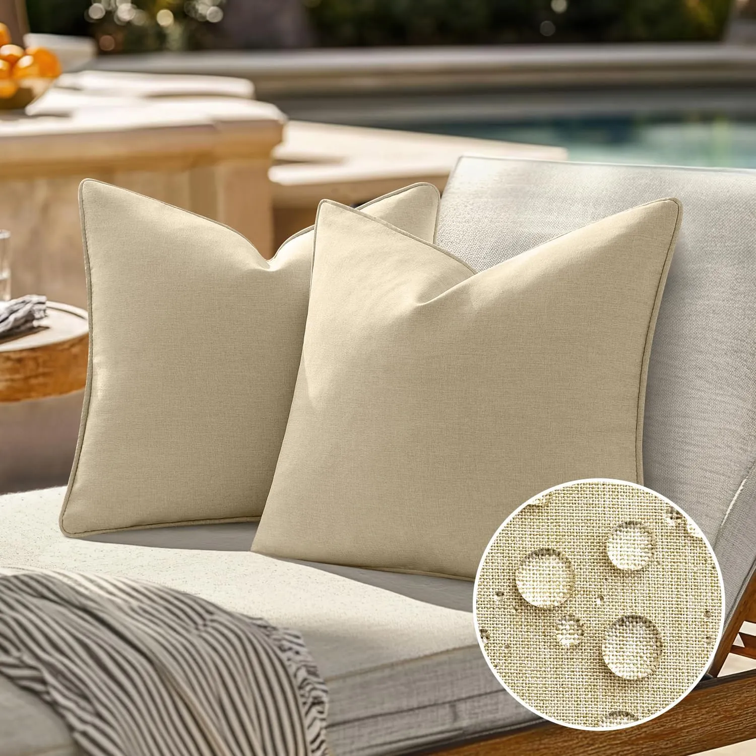 EMEMA Pack of 2 Decorative Outdoor Waterproof Throw Pillow Covers 20x20 Inch Solid Broadside Soft Outside Pillowcase Classic Cushion Cases for Patio Furniture Sunbrella for Balcony Decor Beige