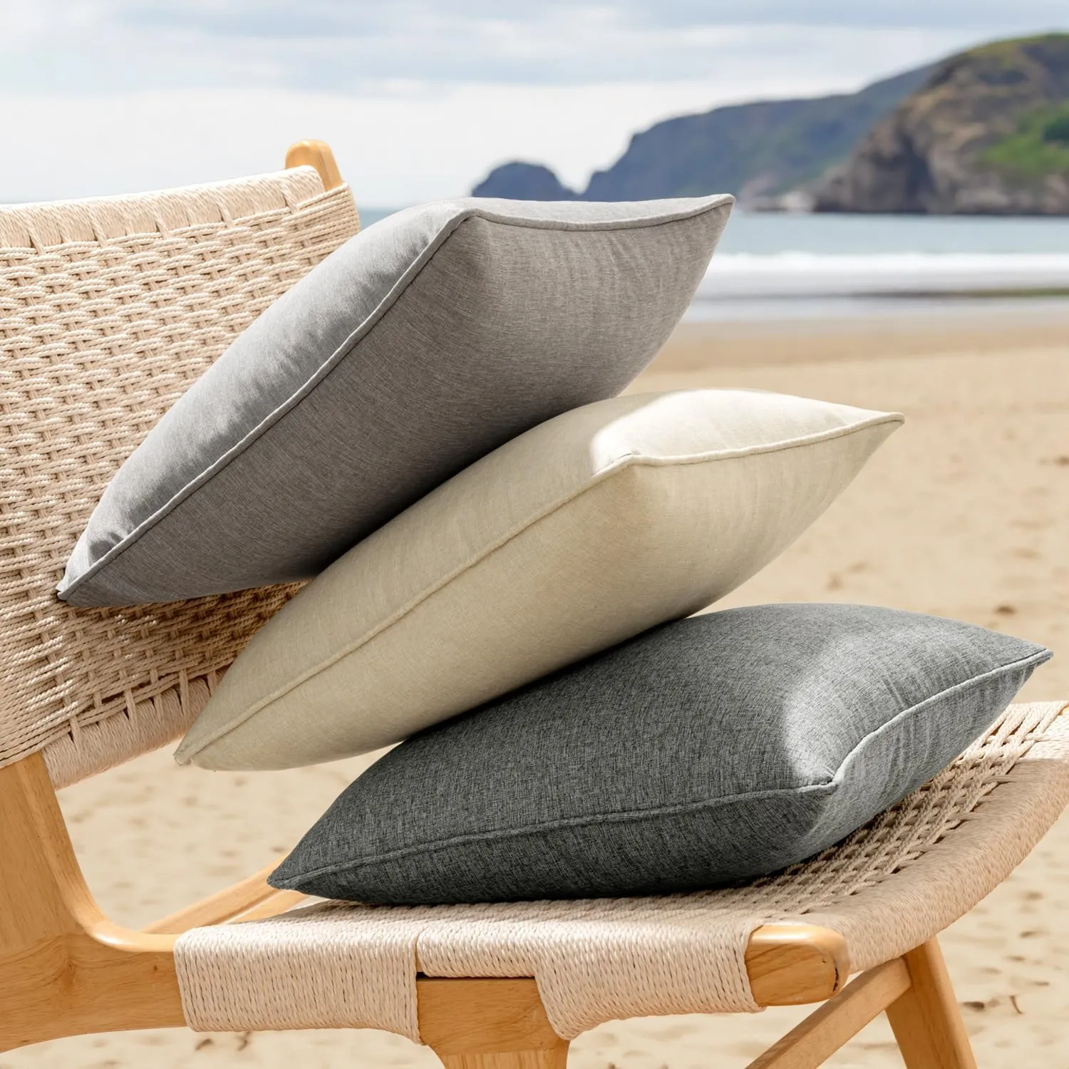 EMEMA Pack of 2 Decorative Outdoor Waterproof Throw Pillow Covers 20x20 Inch Solid Broadside Soft Outside Pillowcase Classic Cushion Cases for Patio Furniture Sunbrella for Balcony Decor Beige