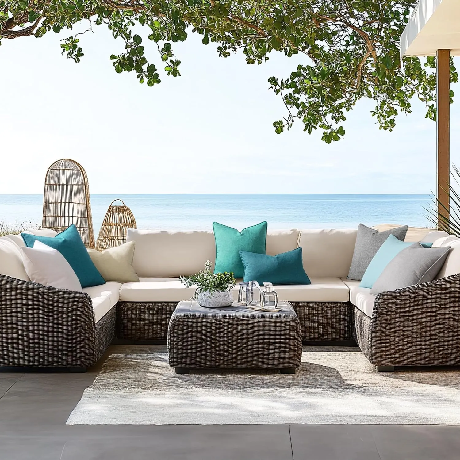 EMEMA Pack of 2 Decorative Outdoor Waterproof Throw Pillow Covers 20x20 Inch Solid Broadside Soft Outside Pillowcase Classic Cushion Cases for Patio Furniture Sunbrella for Balcony Decor Blue