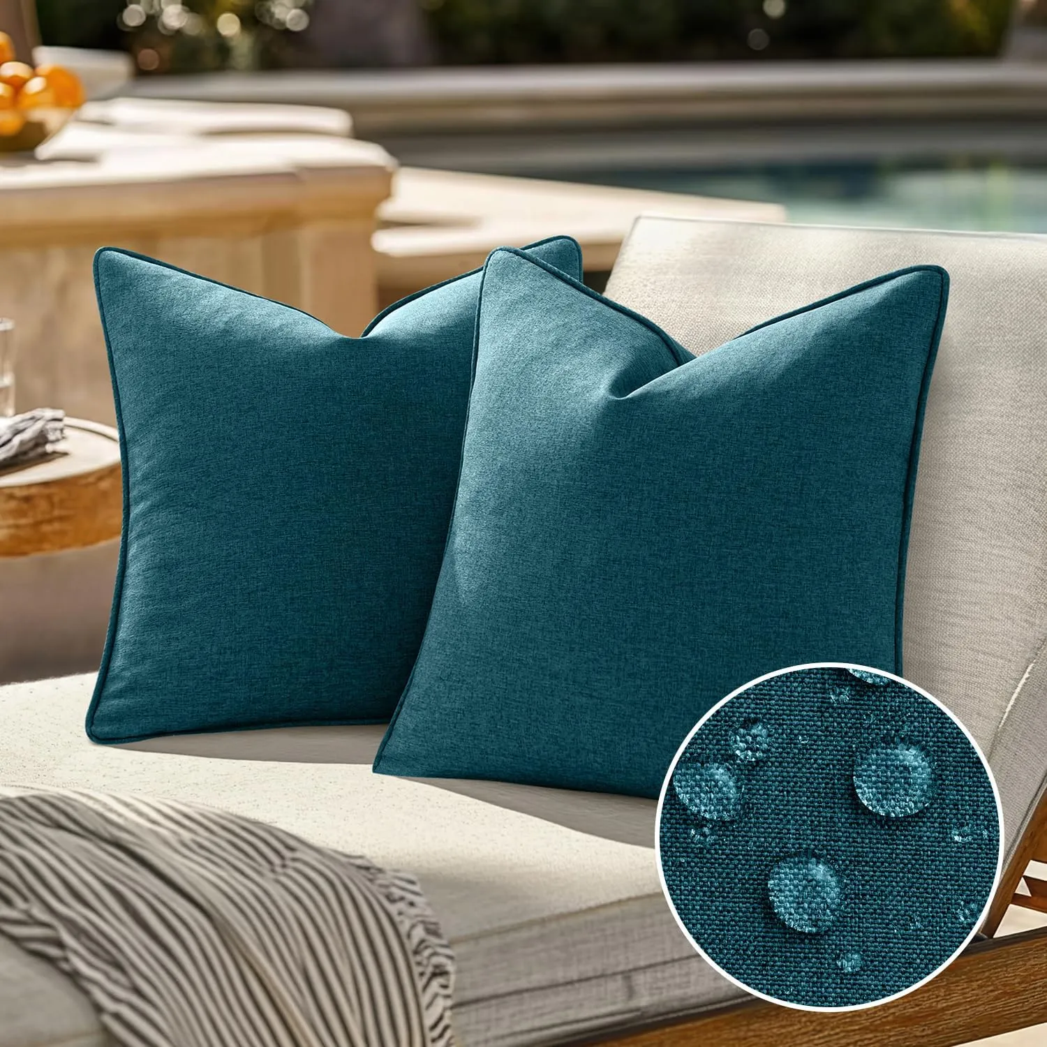 EMEMA Pack of 2 Decorative Outdoor Waterproof Throw Pillow Covers 20x20 Inch Solid Broadside Soft Outside Pillowcase Classic Cushion Cases for Patio Furniture Sunbrella for Balcony Decor Blue