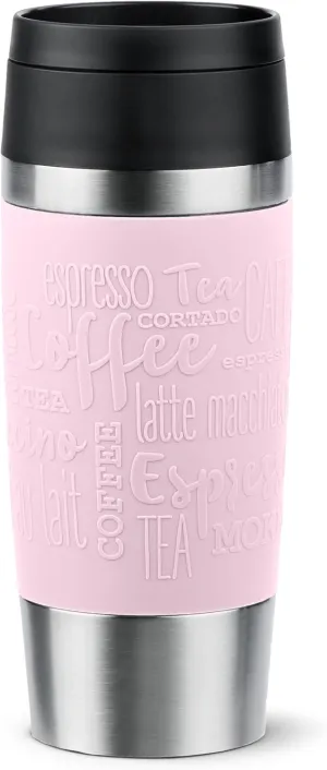 Emsa N20206 Travel Mug Classic Insulated Mug 0.36 Litres Comfort Screw Cap Stainless Steel 4 Hours Hot and 8 Hours Cold 100% Leak-Proof Dishwasher Safe 360° Drinking Opening Pastel Pink