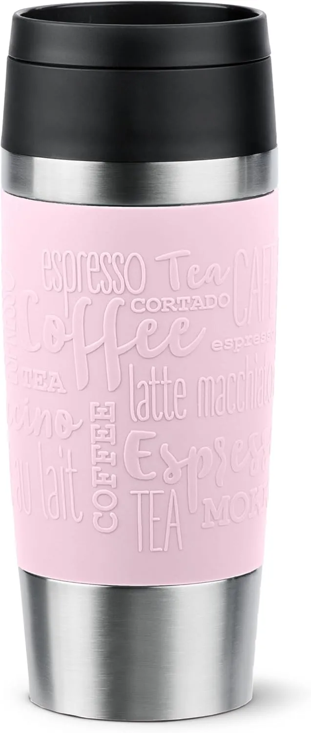 Emsa N20206 Travel Mug Classic Insulated Mug 0.36 Litres Comfort Screw Cap Stainless Steel 4 Hours Hot and 8 Hours Cold 100% Leak-Proof Dishwasher Safe 360° Drinking Opening Pastel Pink