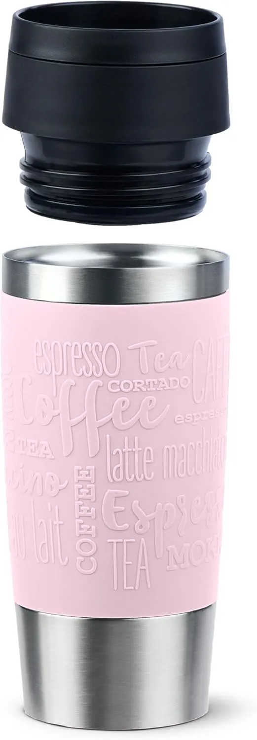 Emsa N20206 Travel Mug Classic Insulated Mug 0.36 Litres Comfort Screw Cap Stainless Steel 4 Hours Hot and 8 Hours Cold 100% Leak-Proof Dishwasher Safe 360° Drinking Opening Pastel Pink