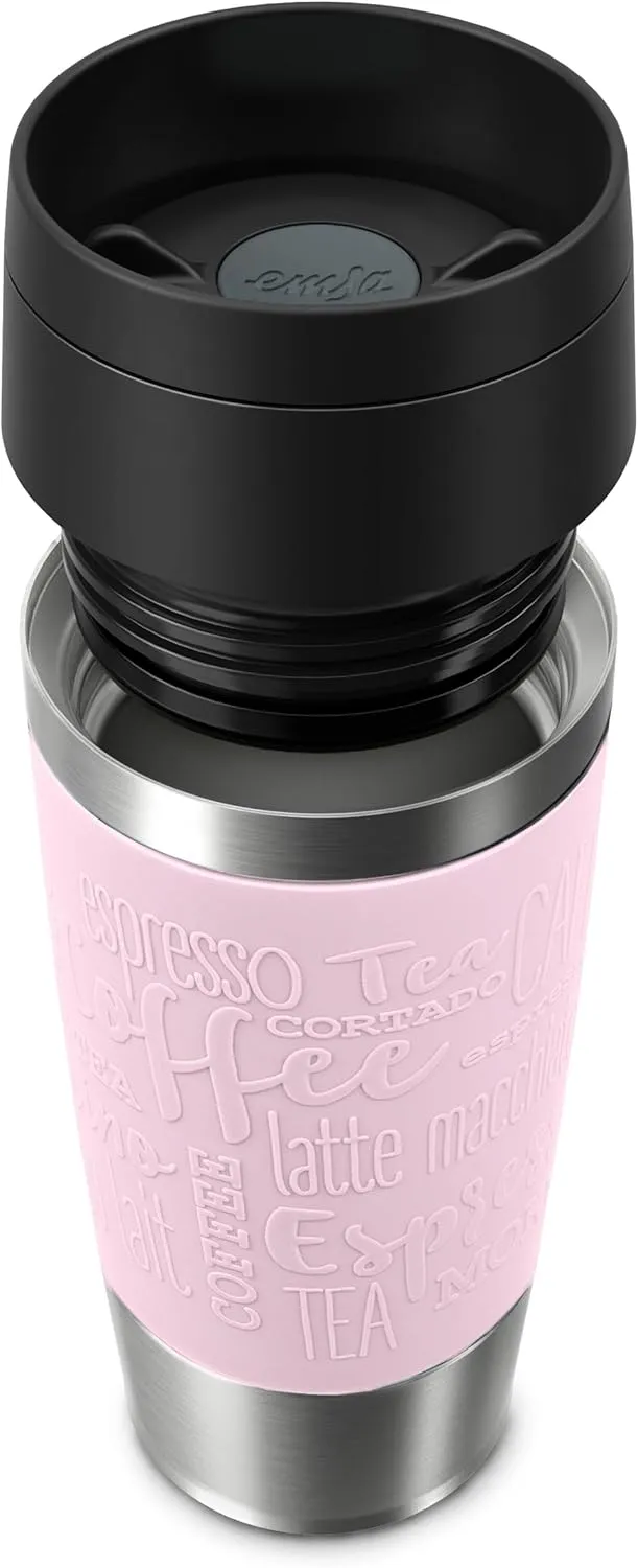 Emsa N20206 Travel Mug Classic Insulated Mug 0.36 Litres Comfort Screw Cap Stainless Steel 4 Hours Hot and 8 Hours Cold 100% Leak-Proof Dishwasher Safe 360° Drinking Opening Pastel Pink