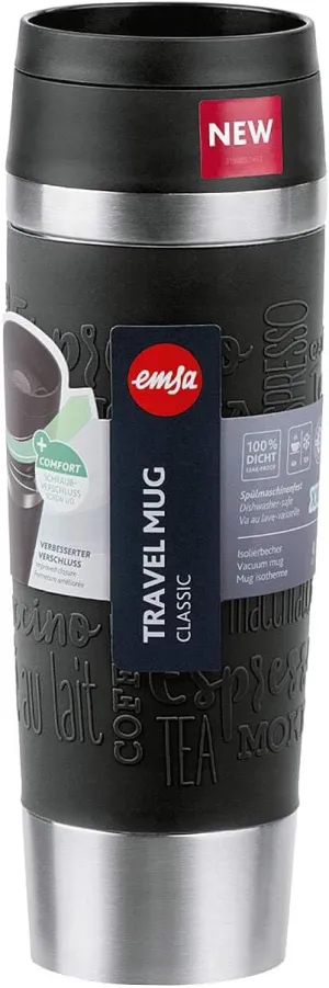 Emsa N20220 Travel Mug Classic Insulated Mug 0.5 Litres, Comfort Screw Cap, Stainless Steel, 6 Hours Hot and 12 Hours Cool, 100% Leak-Proof, Dishwasher Safe, 360° Drinking Opening, Black