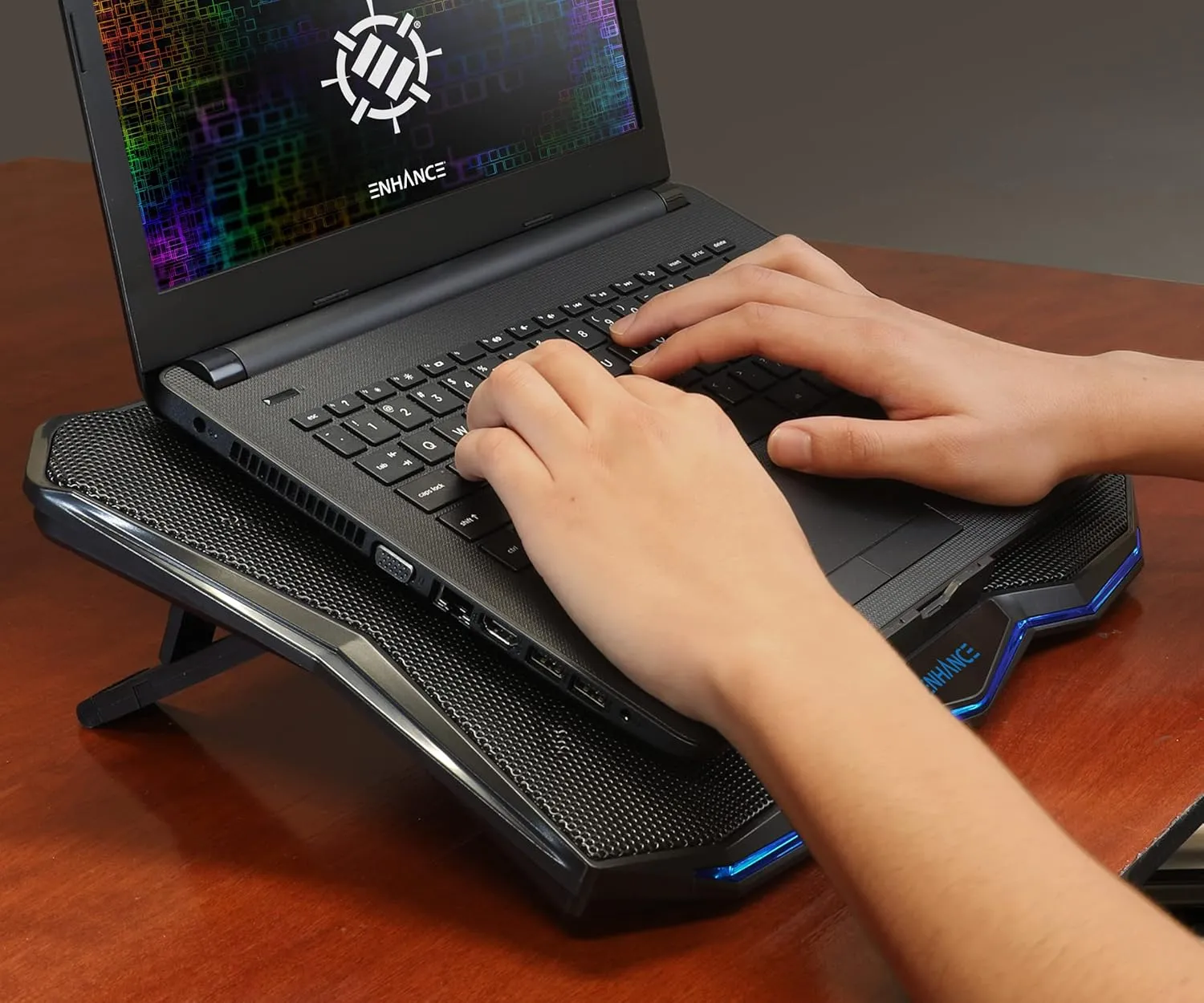 ENHANCE Cryogen 5 Gaming Laptop Cooling Pad Stand - Laptop Cooler with 7 Adjustable Height Settings & Dual USB Ports up to 17 inches - 1 Ultra Quiet High Performance LED Fan 800 RPM - Blue