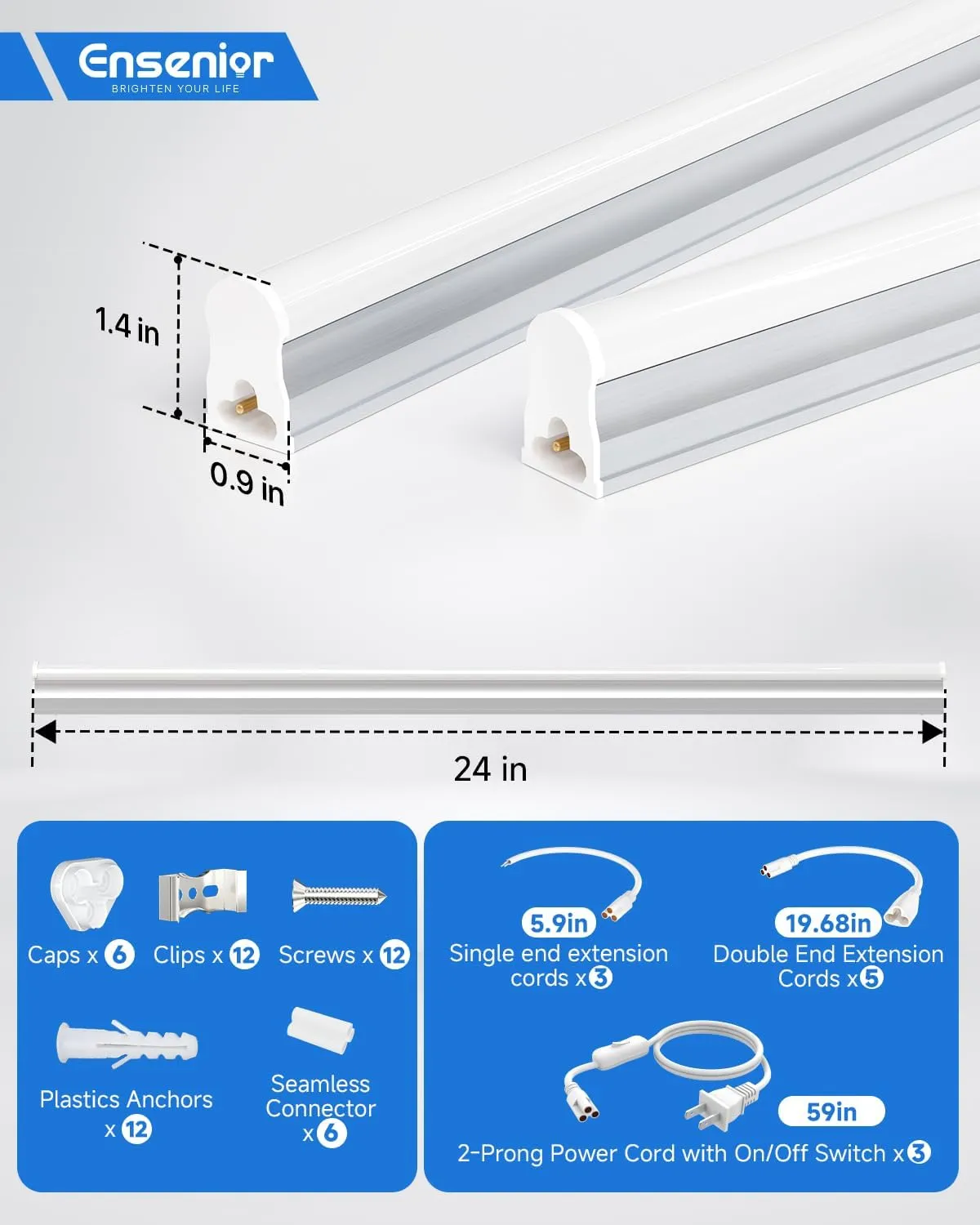 Ensenior 6-Pack T5 LED Shop Lights, 2FT 1000LM 6500K Super Bright White Integrated Single Fixture, 10W Linkable Utility Commercial Lighting for Office/Gym/Garage/Ceiling/Under Cabinet, Plug & Play