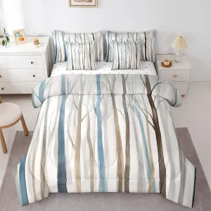Erosebridal Brown Blue Tree Bedding Set King Size,Watercolor Birch Forest Comforter Set,Abstract Artistic Minimalism Bed in a Bag(Comforter,Sheets,Pillowcases & Cushion Covers) 7 Pieces Bed Set
