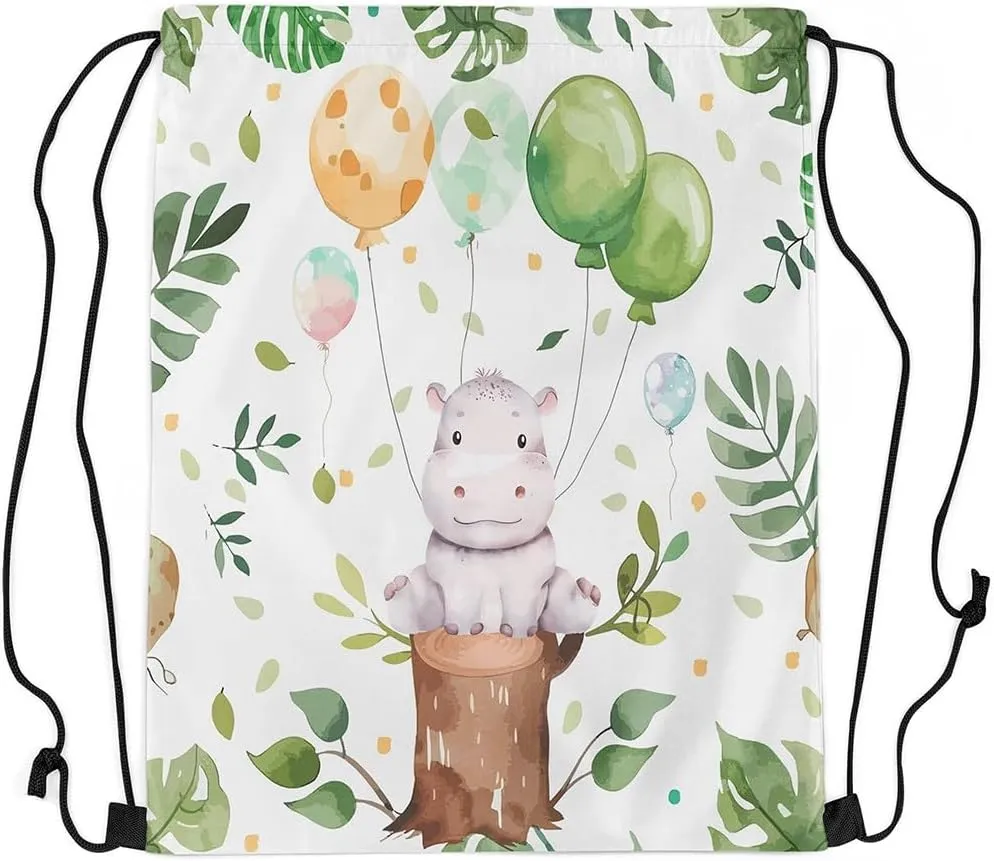 Erosebridal Cute Hippo Drawstring Backpack 13x15.7, Kawaii Animals Balloons Drawstring Bags For Sport, Cartoon Leaves Foldable Draw String Back Bag, Green White Wildlife Printed String Backpack