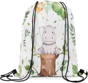 Erosebridal Cute Hippo Drawstring Backpack 13x15.7, Kawaii Animals Balloons Drawstring Bags For Sport, Cartoon Leaves Foldable Draw String Back Bag, Green White Wildlife Printed String Backpack