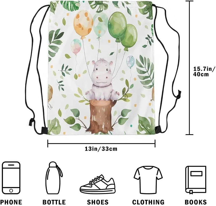 Erosebridal Cute Hippo Drawstring Backpack 13x15.7, Kawaii Animals Balloons Drawstring Bags For Sport, Cartoon Leaves Foldable Draw String Back Bag, Green White Wildlife Printed String Backpack