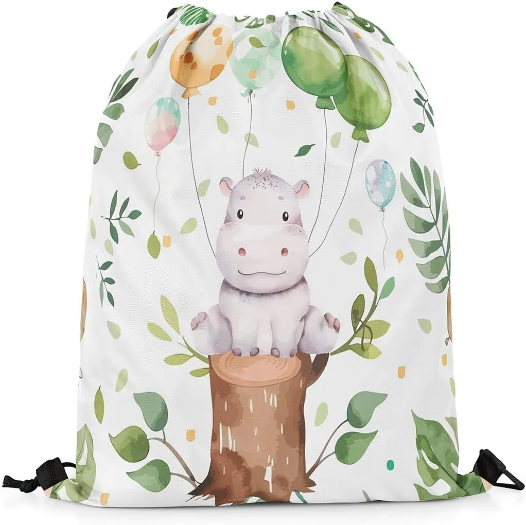 Erosebridal Cute Hippo Drawstring Backpack 13x15.7, Kawaii Animals Balloons Drawstring Bags For Sport, Cartoon Leaves Foldable Draw String Back Bag, Green White Wildlife Printed String Backpack