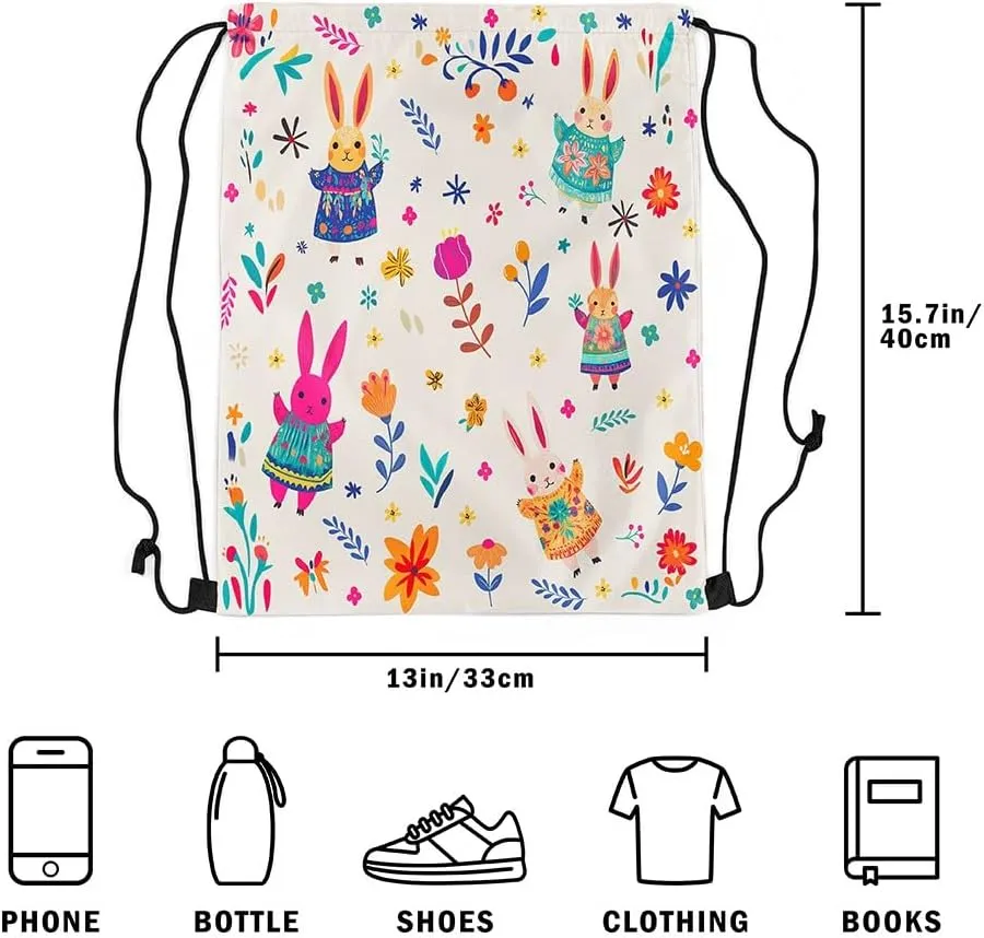 Erosebridal Cute Rabbit Drawstring Bags 13X15.7,Cartoon Bunny Floral Drawstring Backpack,Funky Wildflower Draw String Back Bag,Woodland Animals Kawaii Cinch Bag Room Decor