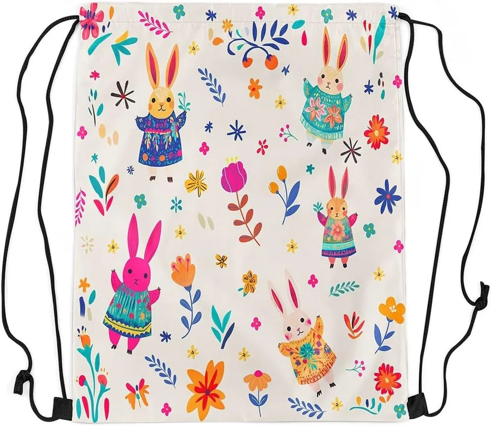 Erosebridal Cute Rabbit Drawstring Bags 13X15.7,Cartoon Bunny Floral Drawstring Backpack,Funky Wildflower Draw String Back Bag,Woodland Animals Kawaii Cinch Bag Room Decor
