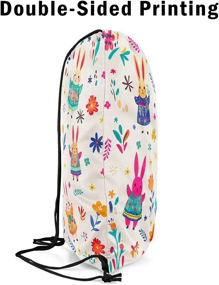 Erosebridal Cute Rabbit Drawstring Bags 13X15.7,Cartoon Bunny Floral Drawstring Backpack,Funky Wildflower Draw String Back Bag,Woodland Animals Kawaii Cinch Bag Room Decor