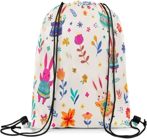 Erosebridal Cute Rabbit Drawstring Bags 13X15.7,Cartoon Bunny Floral Drawstring Backpack,Funky Wildflower Draw String Back Bag,Woodland Animals Kawaii Cinch Bag Room Decor