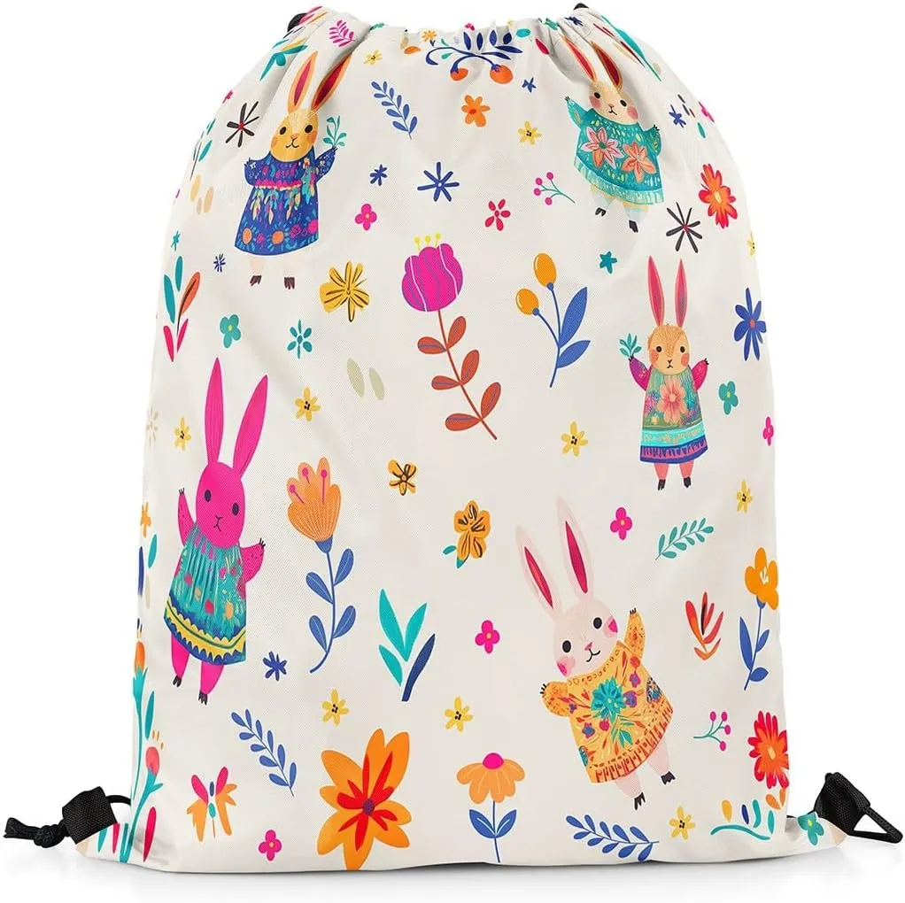 Erosebridal Cute Rabbit Drawstring Bags 13X15.7,Cartoon Bunny Floral Drawstring Backpack,Funky Wildflower Draw String Back Bag,Woodland Animals Kawaii Cinch Bag Room Decor