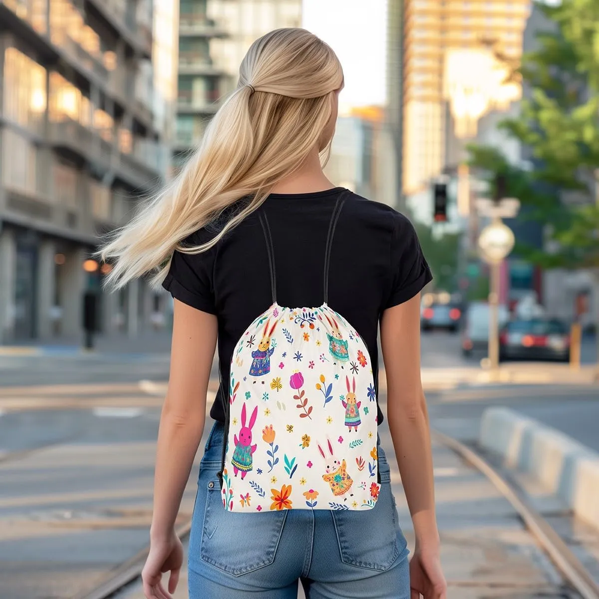 Erosebridal Cute Rabbit Drawstring Bags 13X15.7,Cartoon Bunny Floral Drawstring Backpack,Funky Wildflower Draw String Back Bag,Woodland Animals Kawaii Cinch Bag Room Decor