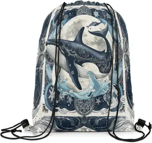 Erosebridal Foldable Ocean Theme Whale Drawstring Backpack 13X15.7, Retro Marine Mediterranean Style Drawstring Bags, Underwater Dark Blue Big Moon Draw String Back Bag, Romantic Cinch Bag For Sport