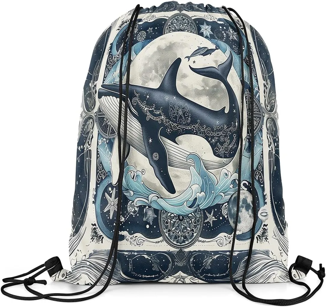 Erosebridal Foldable Ocean Theme Whale Drawstring Backpack 13X15.7, Retro Marine Mediterranean Style Drawstring Bags, Underwater Dark Blue Big Moon Draw String Back Bag, Romantic Cinch Bag For Sport