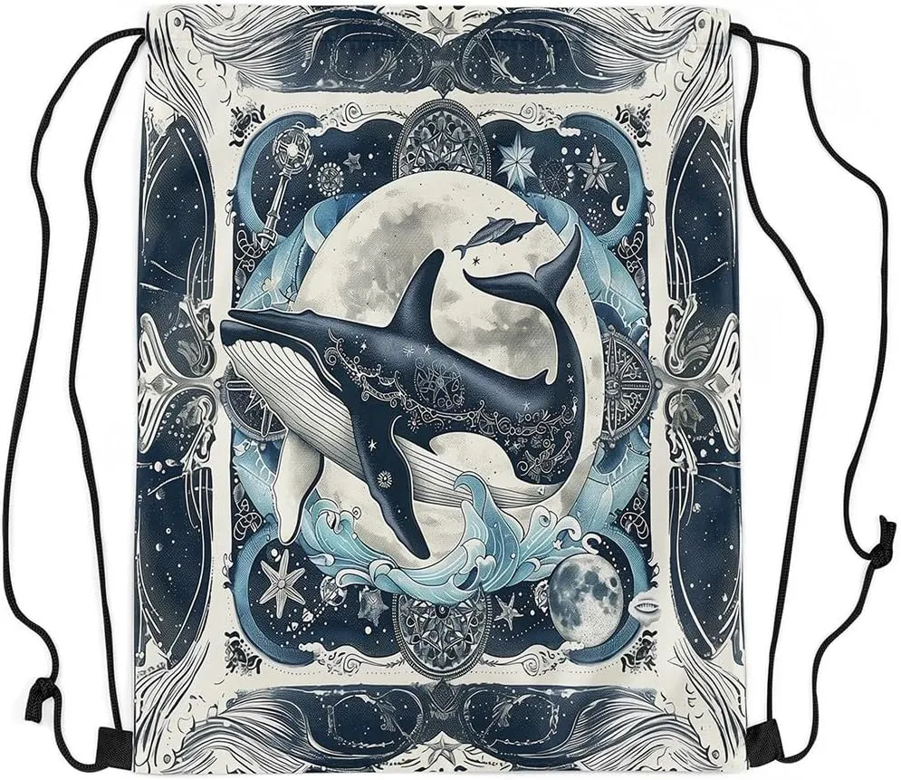 Erosebridal Foldable Ocean Theme Whale Drawstring Backpack 13X15.7, Retro Marine Mediterranean Style Drawstring Bags, Underwater Dark Blue Big Moon Draw String Back Bag, Romantic Cinch Bag For Sport