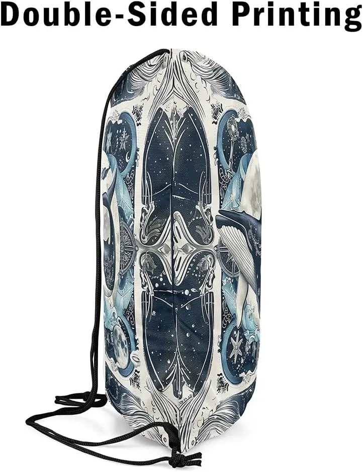 Erosebridal Foldable Ocean Theme Whale Drawstring Backpack 13X15.7, Retro Marine Mediterranean Style Drawstring Bags, Underwater Dark Blue Big Moon Draw String Back Bag, Romantic Cinch Bag For Sport