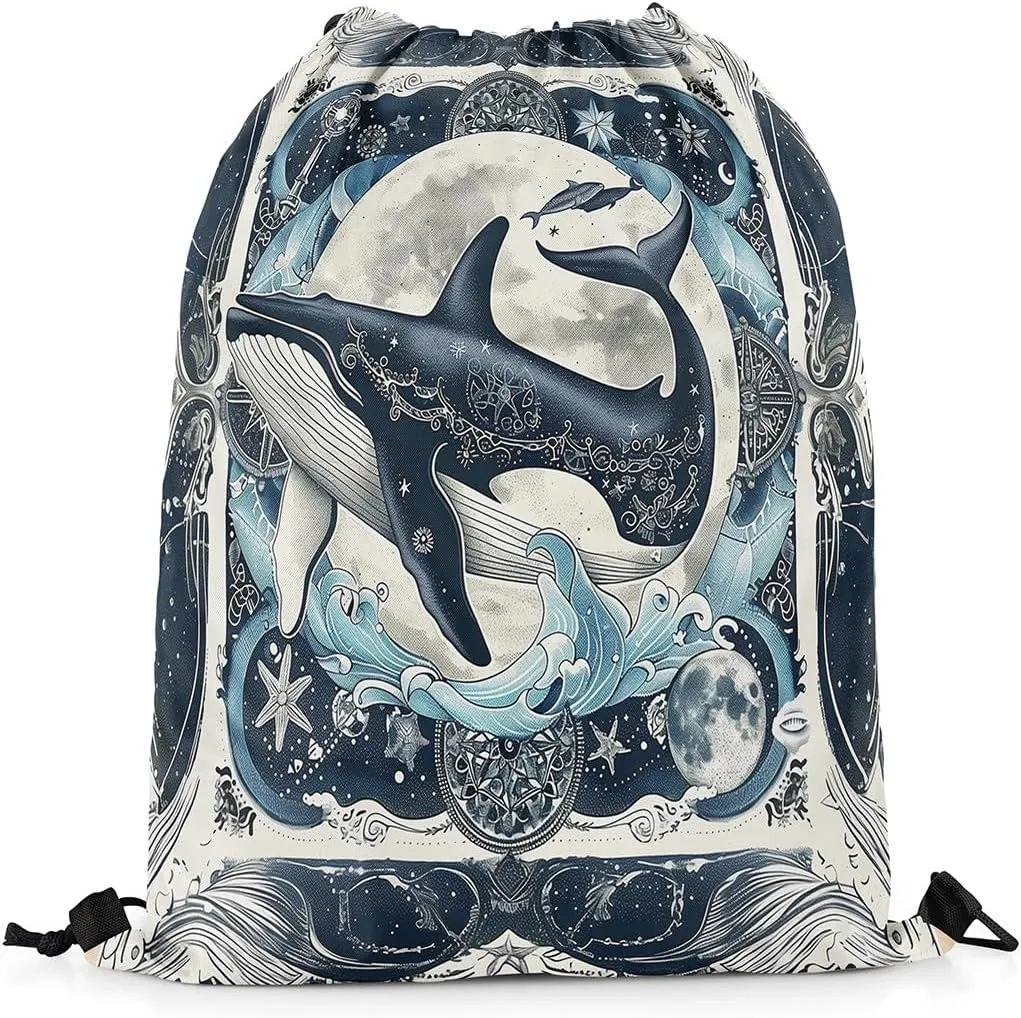Erosebridal Foldable Ocean Theme Whale Drawstring Backpack 13X15.7, Retro Marine Mediterranean Style Drawstring Bags, Underwater Dark Blue Big Moon Draw String Back Bag, Romantic Cinch Bag For Sport