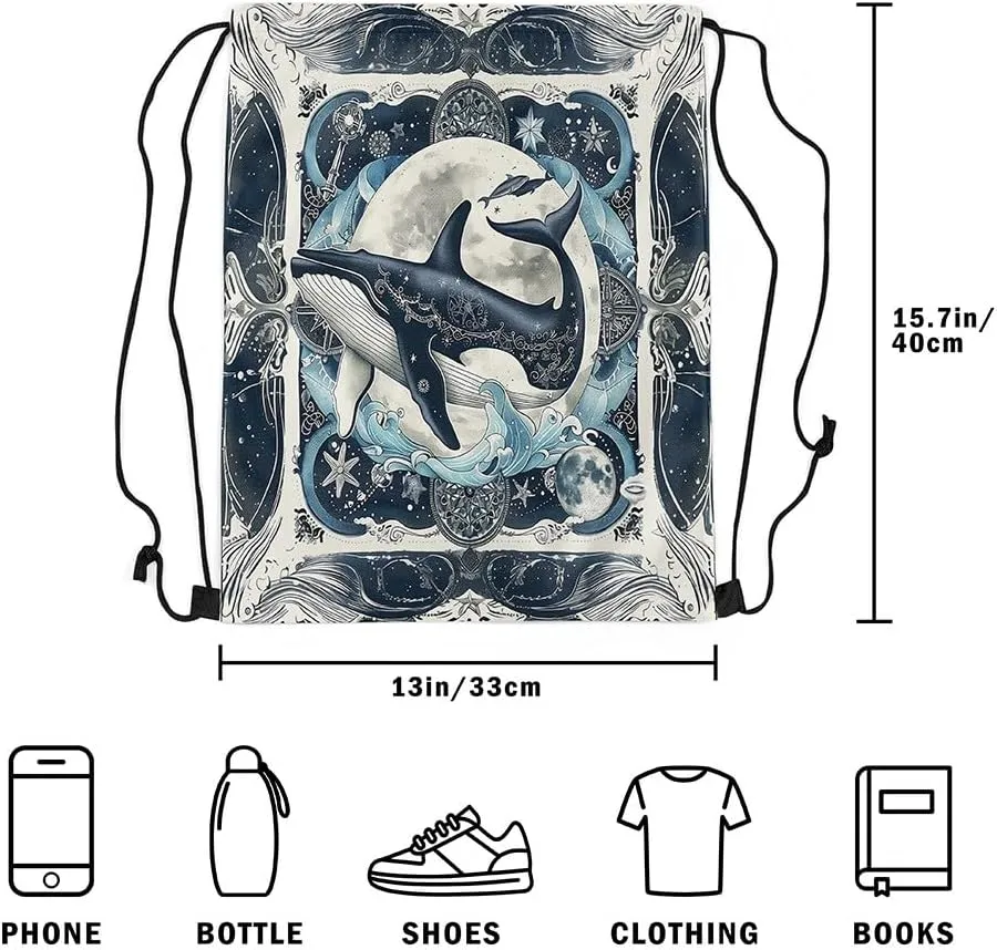 Erosebridal Foldable Ocean Theme Whale Drawstring Backpack 13X15.7, Retro Marine Mediterranean Style Drawstring Bags, Underwater Dark Blue Big Moon Draw String Back Bag, Romantic Cinch Bag For Sport