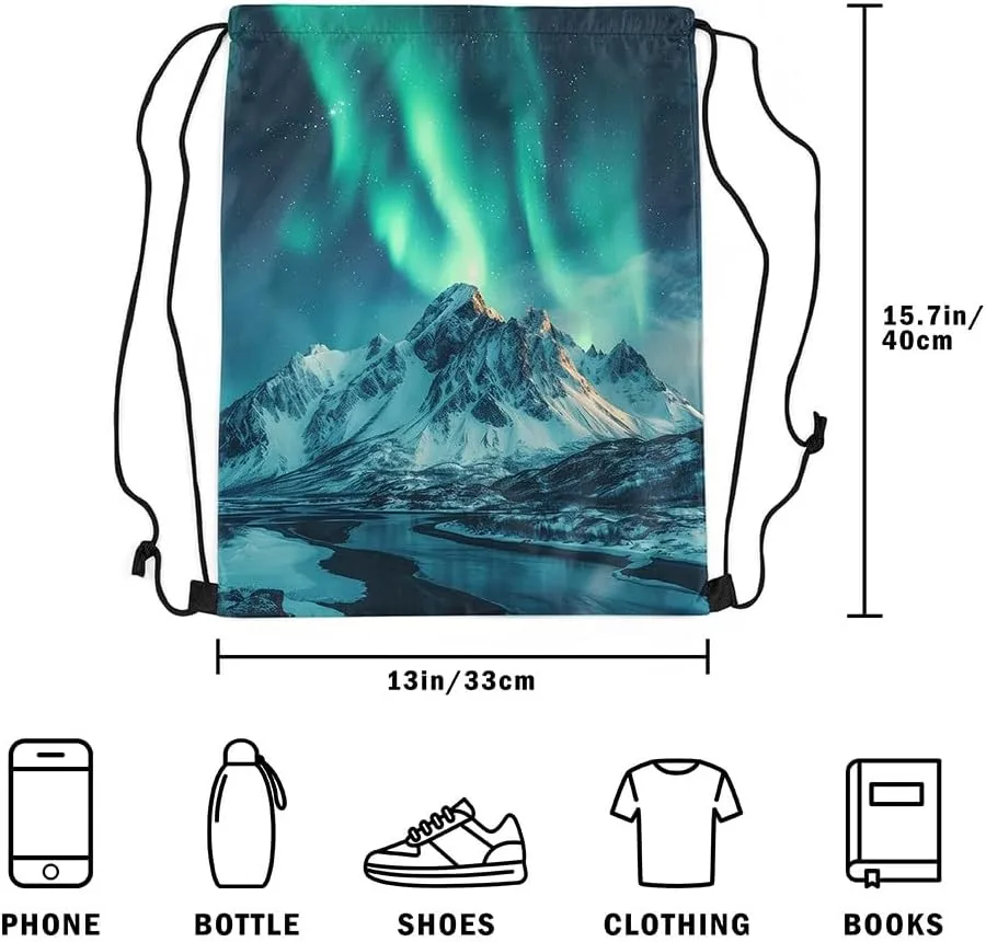 Erosebridal Northern Lights 13x15.7 Drawstring Backpack, Snowy Mountain Drawstring Bags, Glitter Stars Table Proof Washable Draw String Back Bag, Mystery Style String Backpack, Blue Green Black