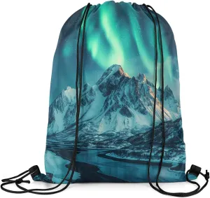 Erosebridal Northern Lights 13x15.7 Drawstring Backpack, Snowy Mountain Drawstring Bags, Glitter Stars Table Proof Washable Draw String Back Bag, Mystery Style String Backpack, Blue Green Black