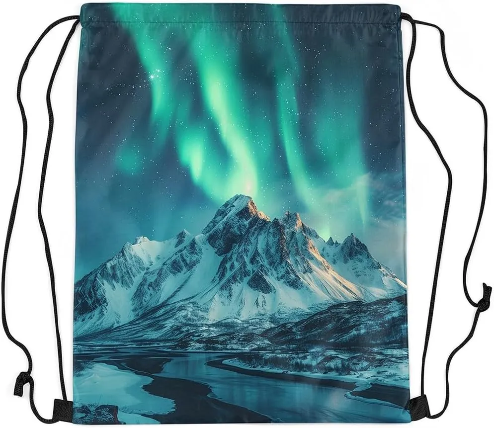 Erosebridal Northern Lights 13x15.7 Drawstring Backpack, Snowy Mountain Drawstring Bags, Glitter Stars Table Proof Washable Draw String Back Bag, Mystery Style String Backpack, Blue Green Black