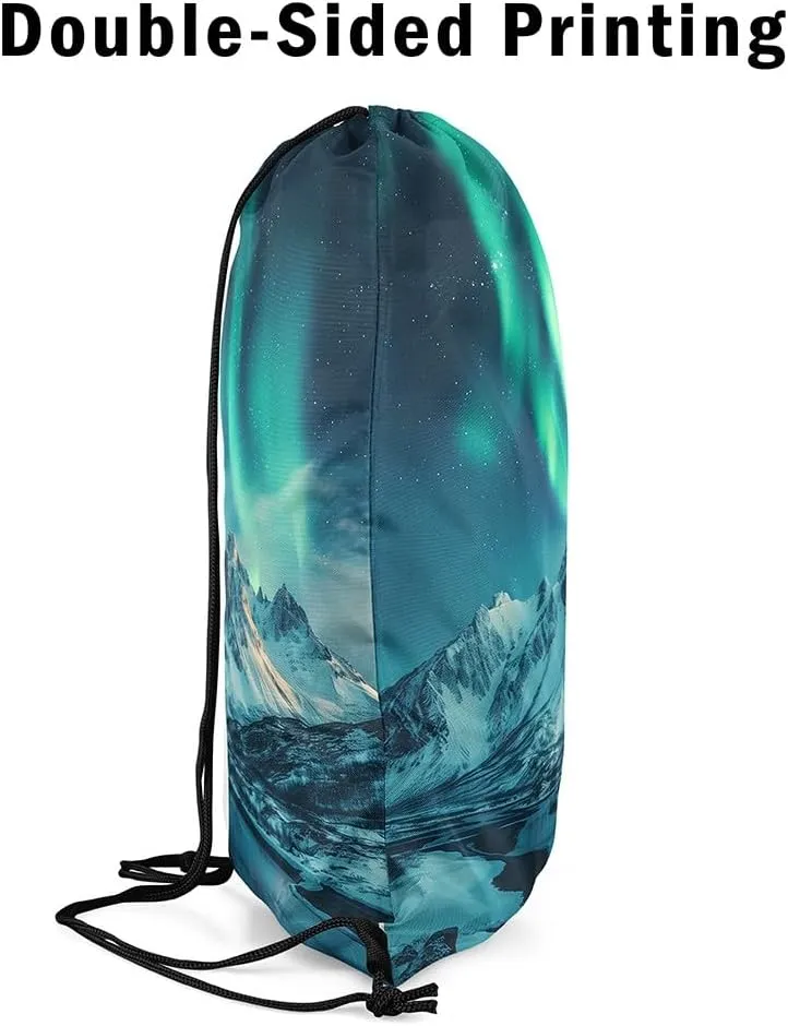 Erosebridal Northern Lights 13x15.7 Drawstring Backpack, Snowy Mountain Drawstring Bags, Glitter Stars Table Proof Washable Draw String Back Bag, Mystery Style String Backpack, Blue Green Black