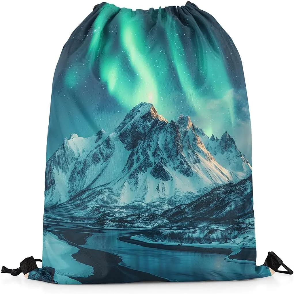 Erosebridal Northern Lights 13x15.7 Drawstring Backpack, Snowy Mountain Drawstring Bags, Glitter Stars Table Proof Washable Draw String Back Bag, Mystery Style String Backpack, Blue Green Black