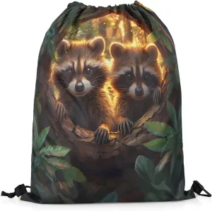 Erosebridal Raccoon String Backpack Cute Wild Animals Drawstring Bags Kawaii Raccoon Draw String Back Bag Jungle Wildlife Drawstring Backpack 13X15.7,Foldable