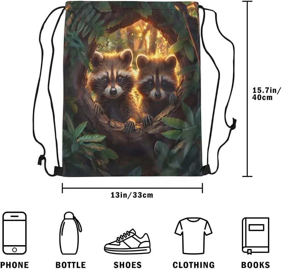 Erosebridal Raccoon String Backpack Cute Wild Animals Drawstring Bags Kawaii Raccoon Draw String Back Bag Jungle Wildlife Drawstring Backpack 13X15.7,Foldable