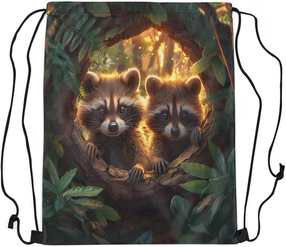 Erosebridal Raccoon String Backpack Cute Wild Animals Drawstring Bags Kawaii Raccoon Draw String Back Bag Jungle Wildlife Drawstring Backpack 13X15.7,Foldable