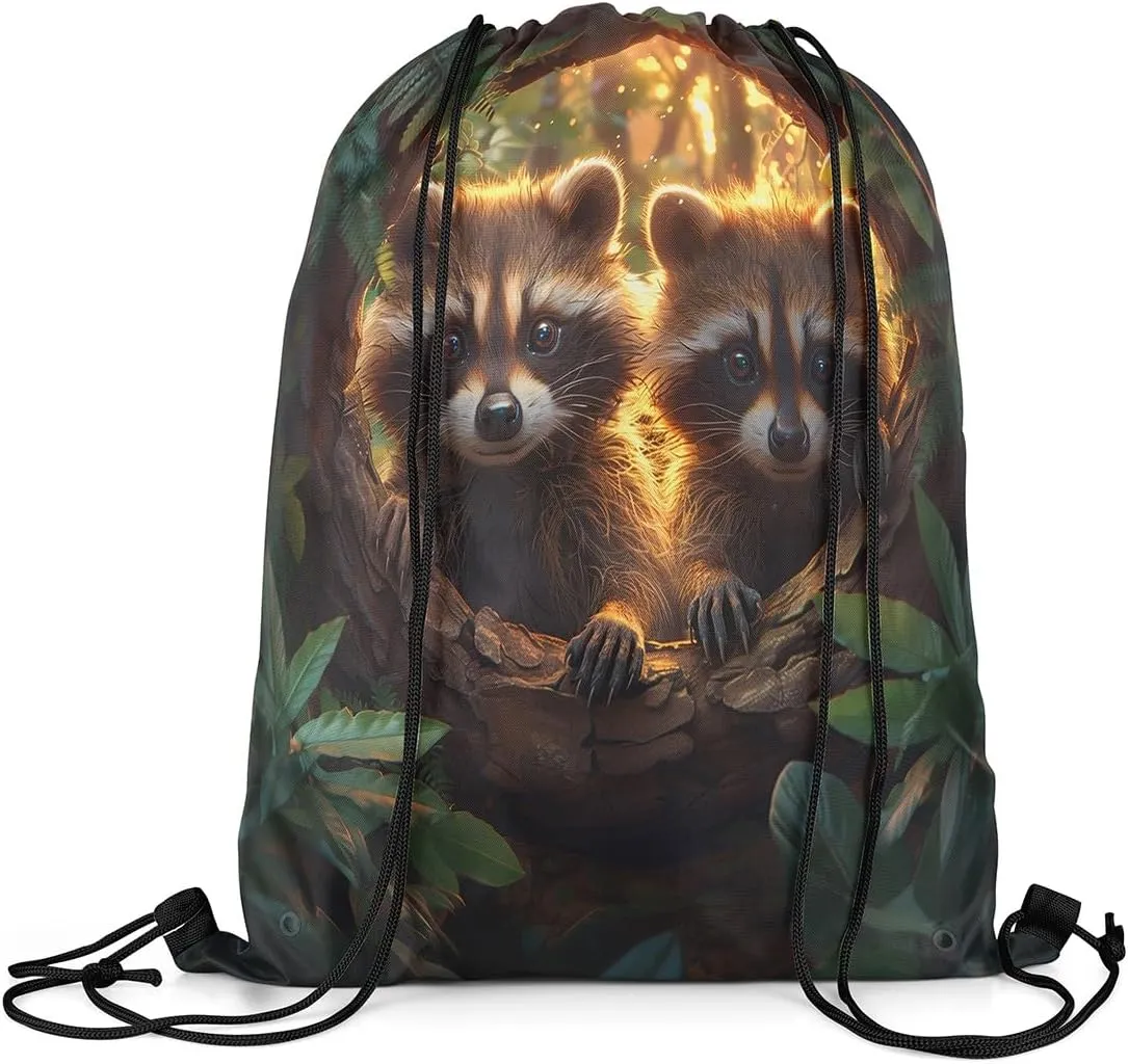 Erosebridal Raccoon String Backpack Cute Wild Animals Drawstring Bags Kawaii Raccoon Draw String Back Bag Jungle Wildlife Drawstring Backpack 13X15.7,Foldable