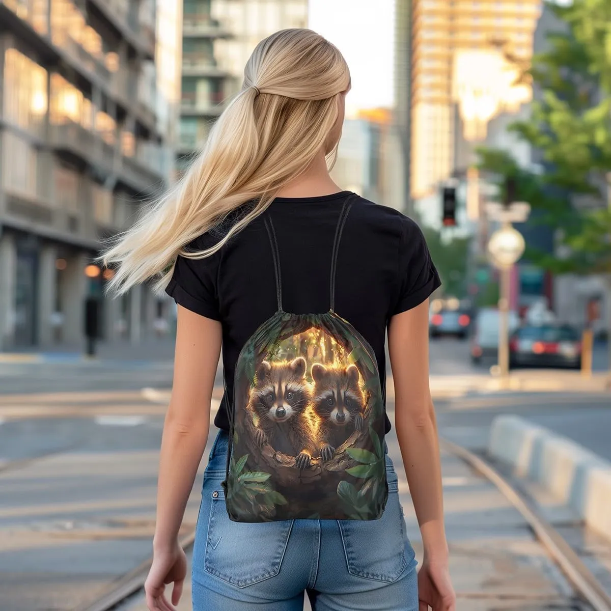 Erosebridal Raccoon String Backpack Cute Wild Animals Drawstring Bags Kawaii Raccoon Draw String Back Bag Jungle Wildlife Drawstring Backpack 13X15.7,Foldable