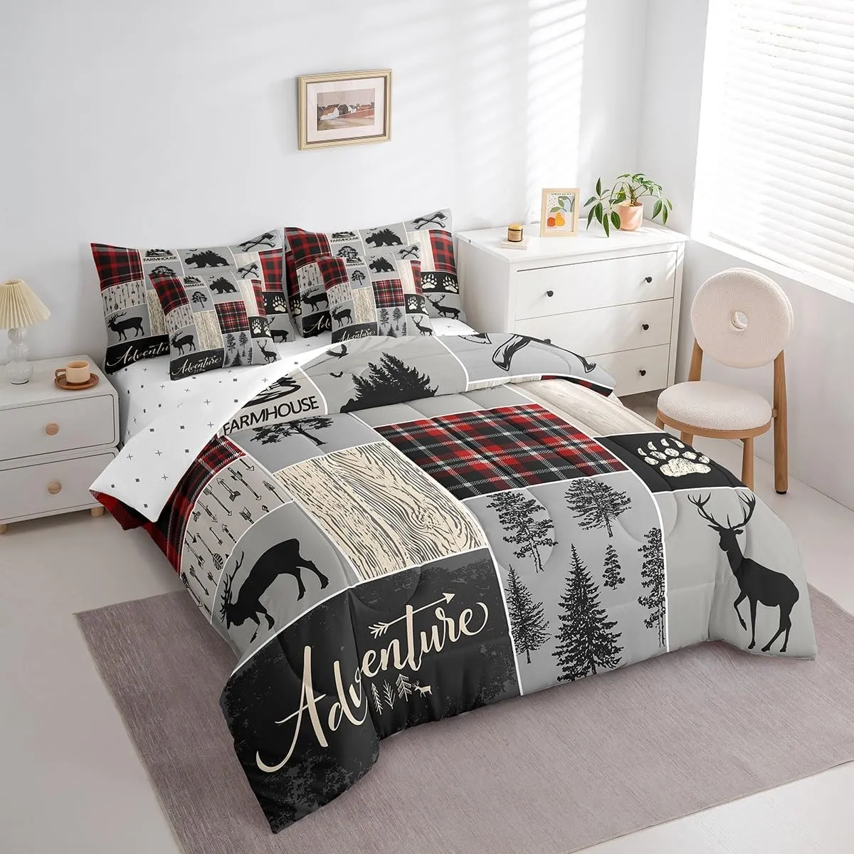 Erosebridal Rustic Bedding Set, Retro Cabin 7 Pieces Bed in A Bag - 1 Woodland Bear Deer Comforter, 1 Moose Fitted Sheet, 1 Wild Animal Flat Sheet, 2 Pillow Cases, 2 Throw Pillow Covers, Queen