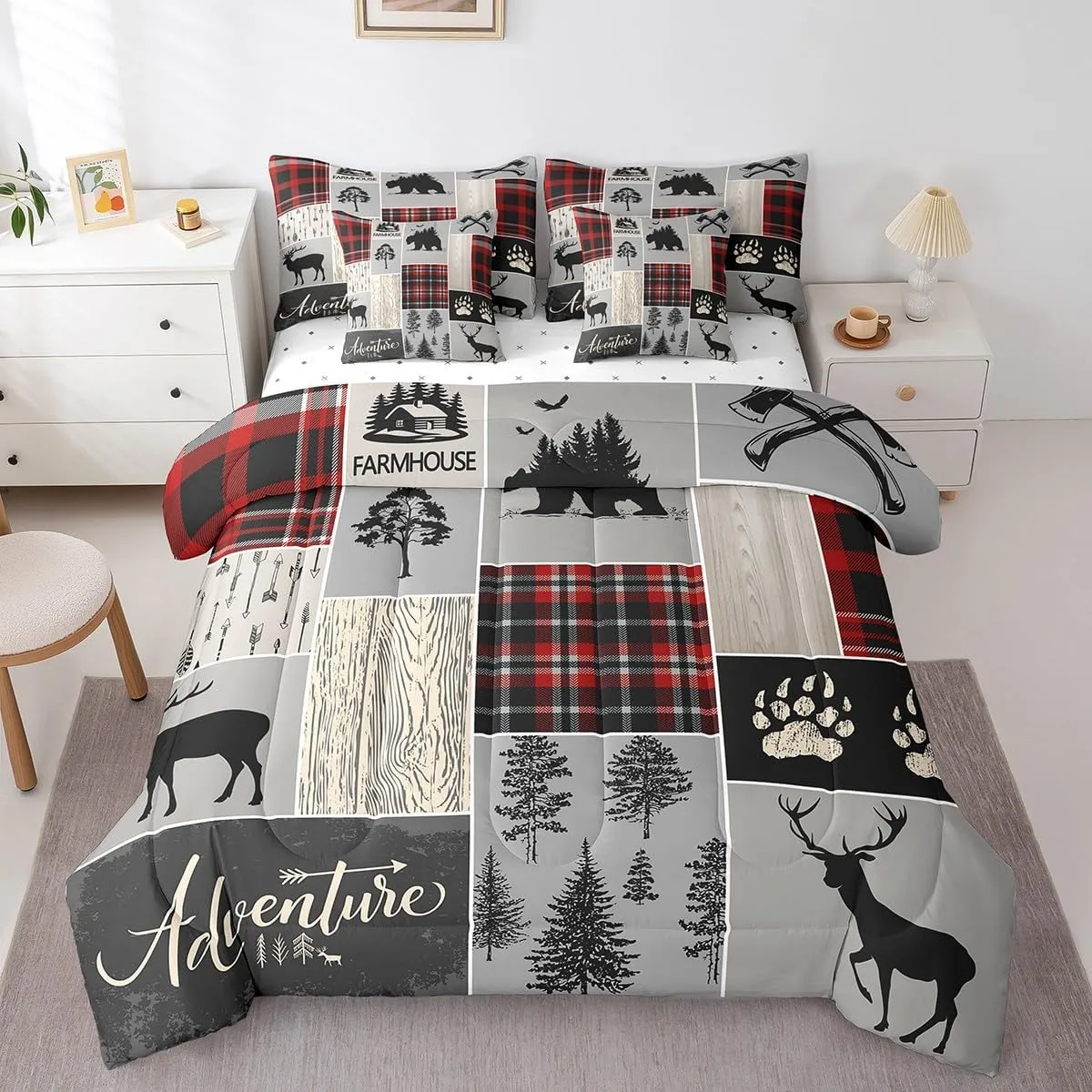 Erosebridal Rustic Bedding Set, Retro Cabin 7 Pieces Bed in A Bag - 1 Woodland Bear Deer Comforter, 1 Moose Fitted Sheet, 1 Wild Animal Flat Sheet, 2 Pillow Cases, 2 Throw Pillow Covers, Queen