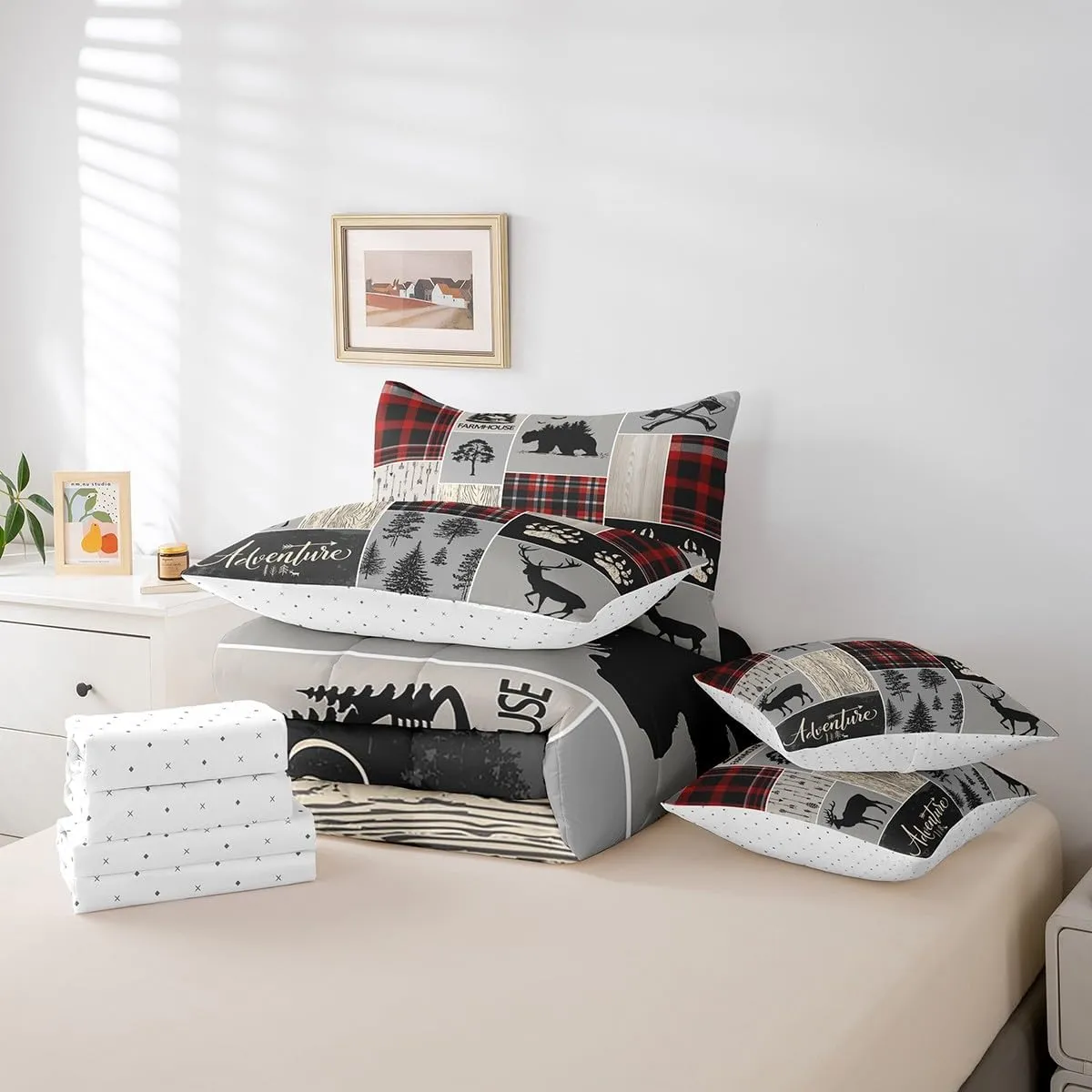 Erosebridal Rustic Bedding Set, Retro Cabin 7 Pieces Bed in A Bag - 1 Woodland Bear Deer Comforter, 1 Moose Fitted Sheet, 1 Wild Animal Flat Sheet, 2 Pillow Cases, 2 Throw Pillow Covers, Queen
