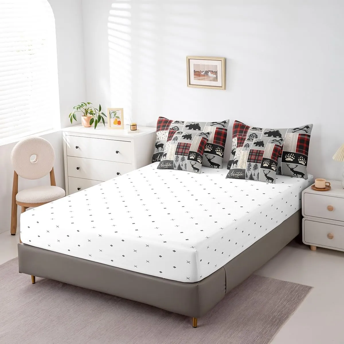 Erosebridal Rustic Bedding Set, Retro Cabin 7 Pieces Bed in A Bag - 1 Woodland Bear Deer Comforter, 1 Moose Fitted Sheet, 1 Wild Animal Flat Sheet, 2 Pillow Cases, 2 Throw Pillow Covers, Queen