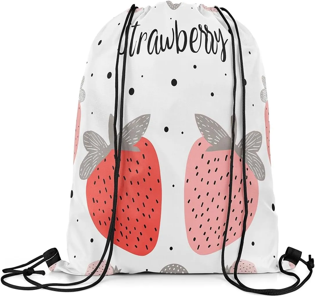 Erosebridal Strawberry Drawstring Bags 13X15.7 Kawaii Strawberry Drawstring Backpack Cartoon Hand Draw Fruits Draw String Back Bag Tropical Food Fruit Cinch Bag Black Point Decor