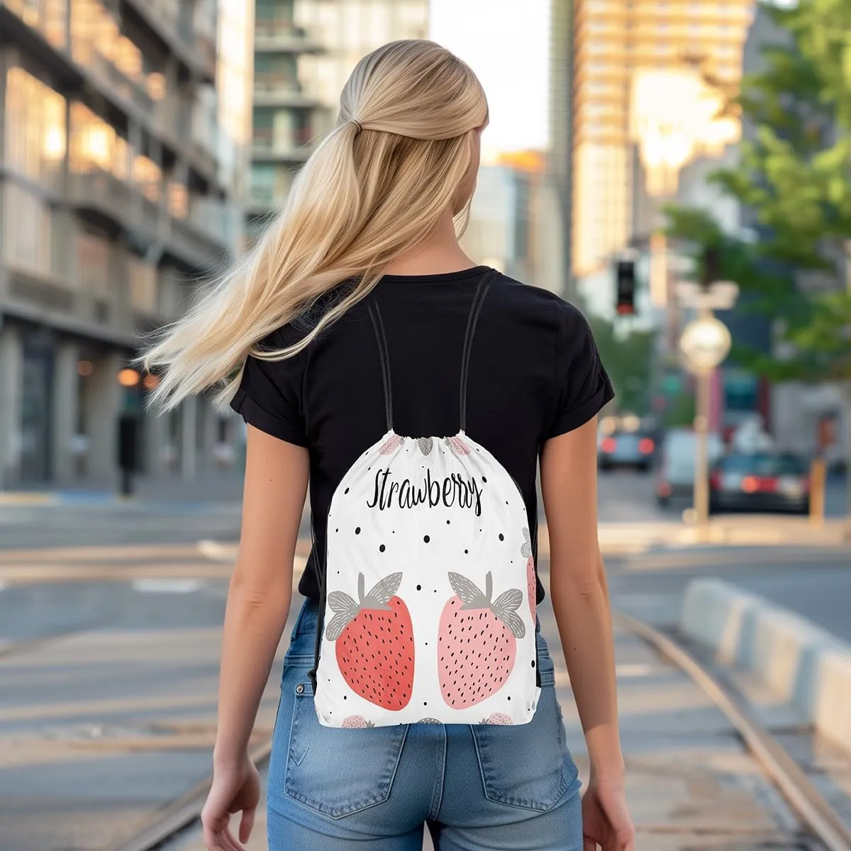 Erosebridal Strawberry Drawstring Bags 13X15.7 Kawaii Strawberry Drawstring Backpack Cartoon Hand Draw Fruits Draw String Back Bag Tropical Food Fruit Cinch Bag Black Point Decor