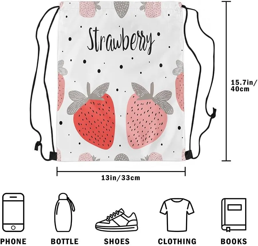 Erosebridal Strawberry Drawstring Bags 13X15.7 Kawaii Strawberry Drawstring Backpack Cartoon Hand Draw Fruits Draw String Back Bag Tropical Food Fruit Cinch Bag Black Point Decor