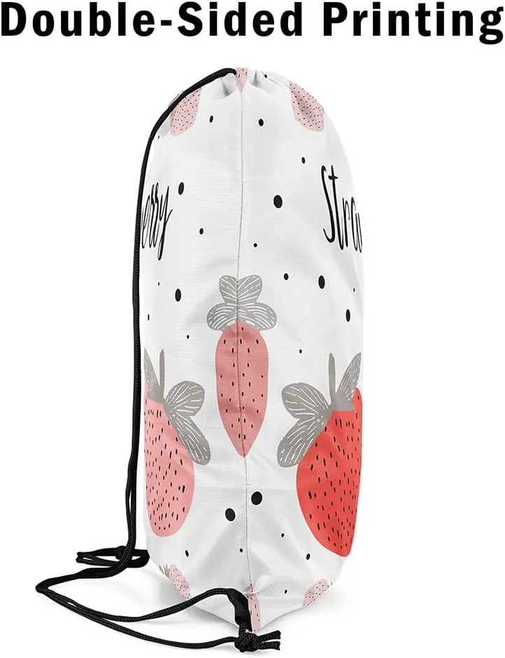 Erosebridal Strawberry Drawstring Bags 13X15.7 Kawaii Strawberry Drawstring Backpack Cartoon Hand Draw Fruits Draw String Back Bag Tropical Food Fruit Cinch Bag Black Point Decor