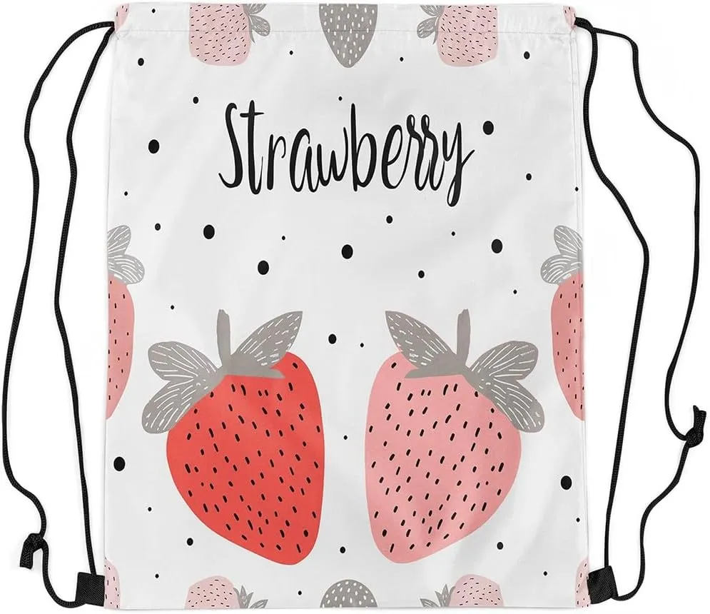 Erosebridal Strawberry Drawstring Bags 13X15.7 Kawaii Strawberry Drawstring Backpack Cartoon Hand Draw Fruits Draw String Back Bag Tropical Food Fruit Cinch Bag Black Point Decor
