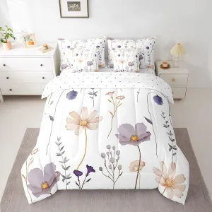 Erosebridal Watercolor Flower Bed in A Bag Queen 7 Pieces, Plum Beige Floral Comforter Modern Minimalist White Fitted Sheet, Branches Pastoral Flat Sheet, 2 Pillow Cases, 2 Throw Pillow Covers