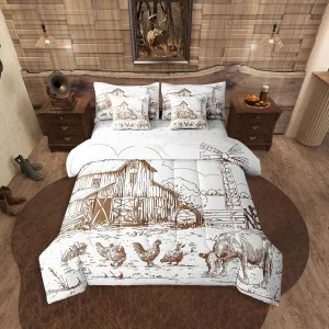 Erosebridal Windmill Queen Comforter Set 7 Pcs,Rustic Barn Farmhouse Bed in a Bag,Chick Cow Farm Animals Sheet Set,Hand Drawn Illustration Sheets,Countryside Rural Meadow Room Decor Bed Set,Taupe