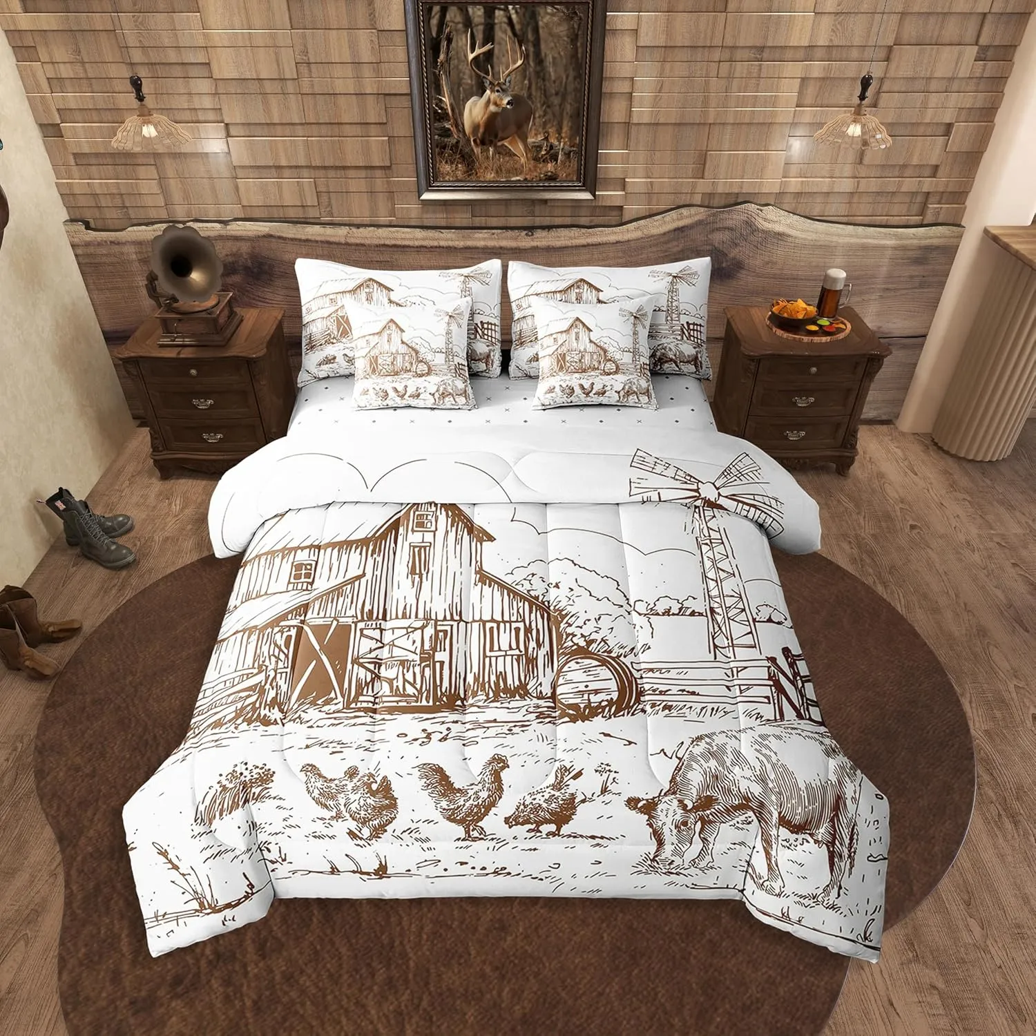 Erosebridal Windmill Queen Comforter Set 7 Pcs,Rustic Barn Farmhouse Bed in a Bag,Chick Cow Farm Animals Sheet Set,Hand Drawn Illustration Sheets,Countryside Rural Meadow Room Decor Bed Set,Taupe